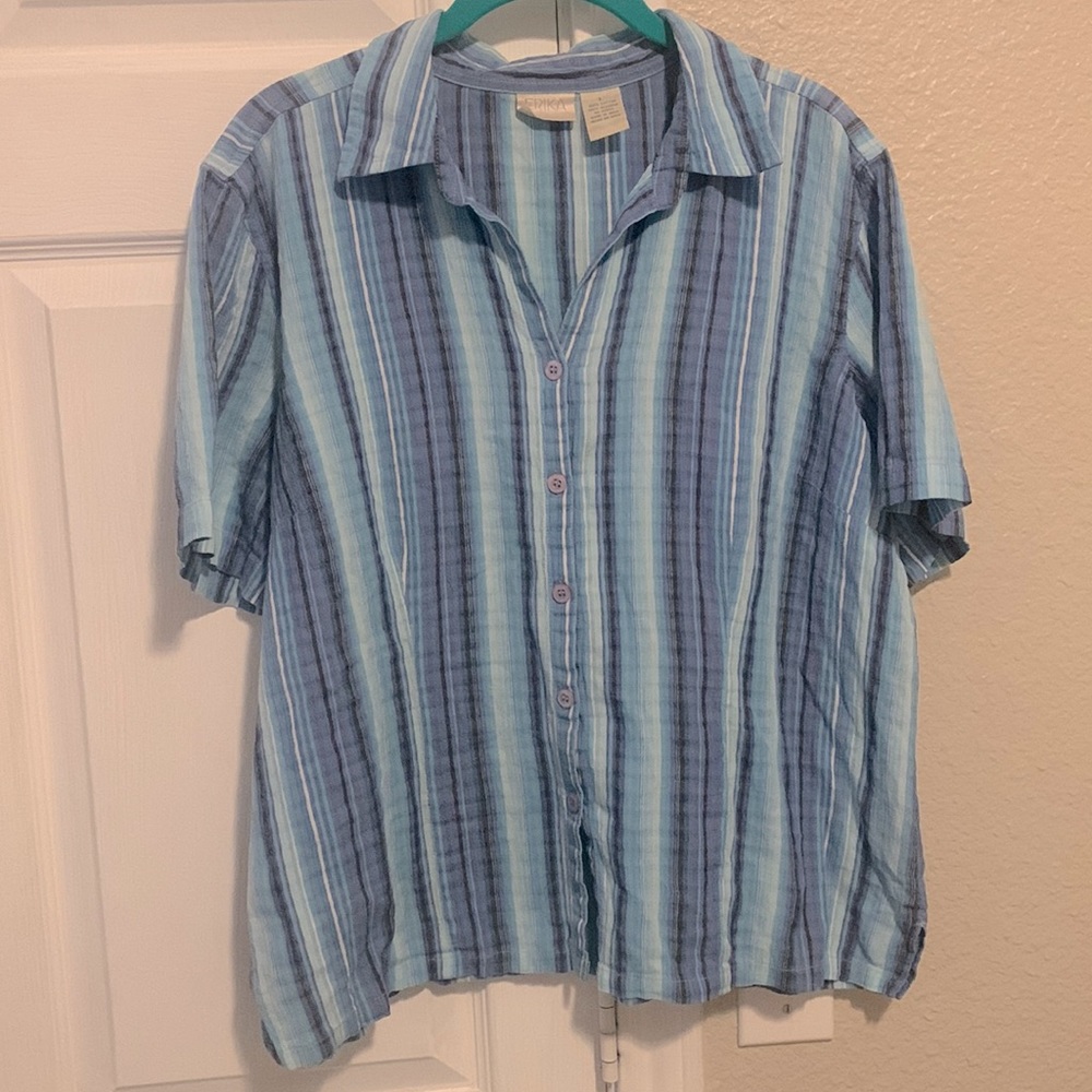 Vintage shades of blue Erika short sleeved button front shirt.